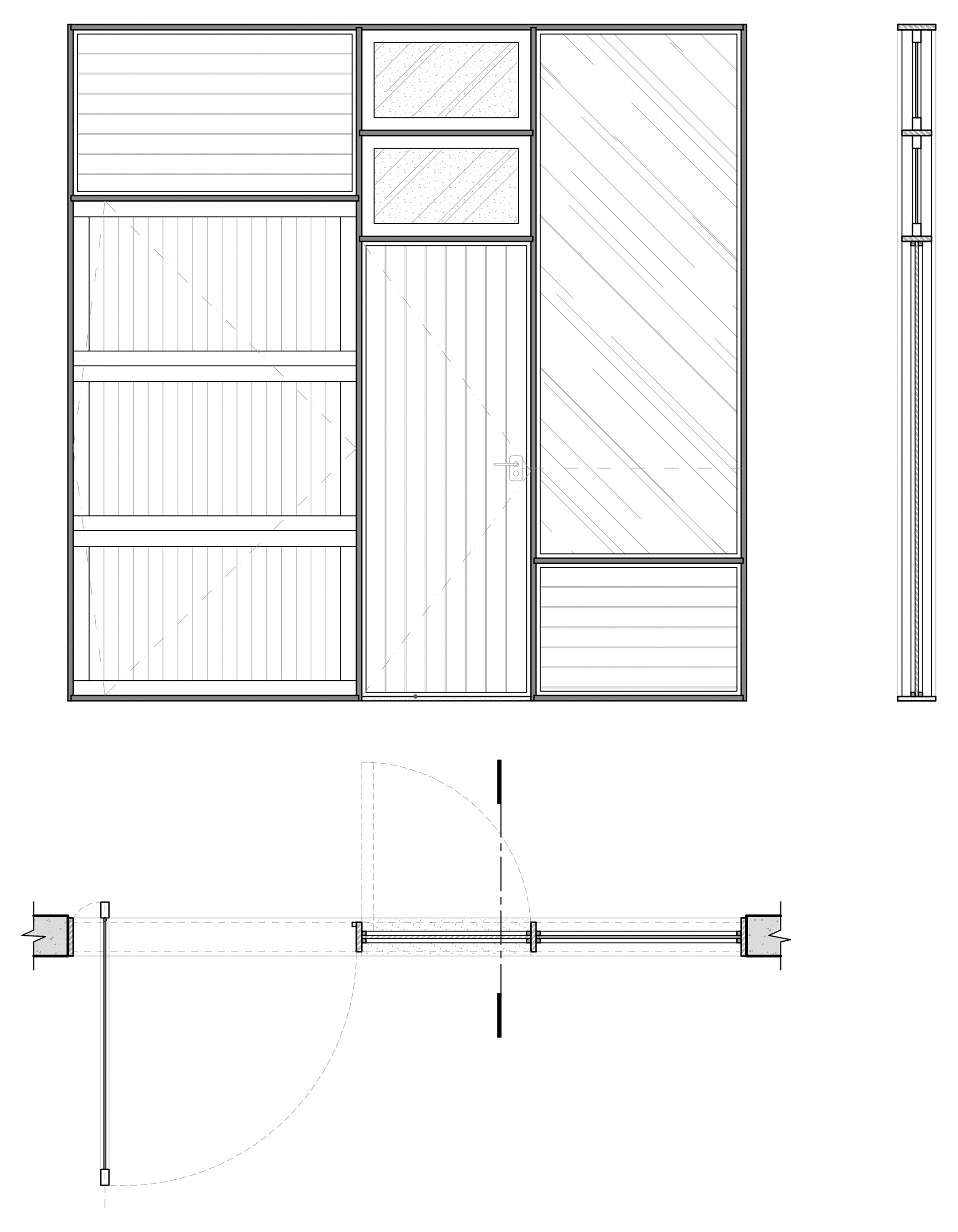 Elevation and section drawing showing facade panel arrangements with detailed column assembly and swing radius notation