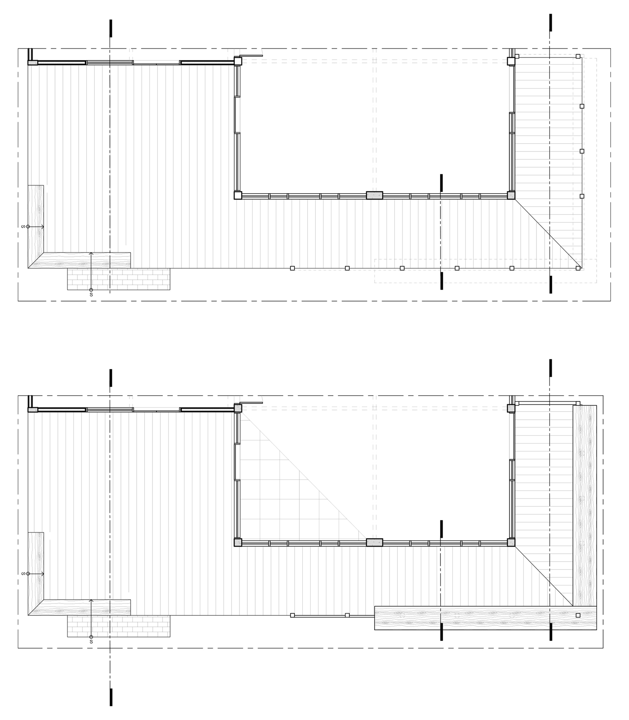 Floor plan drawings showing two levels of a rectangular volume with entry stairs and interior partition layout