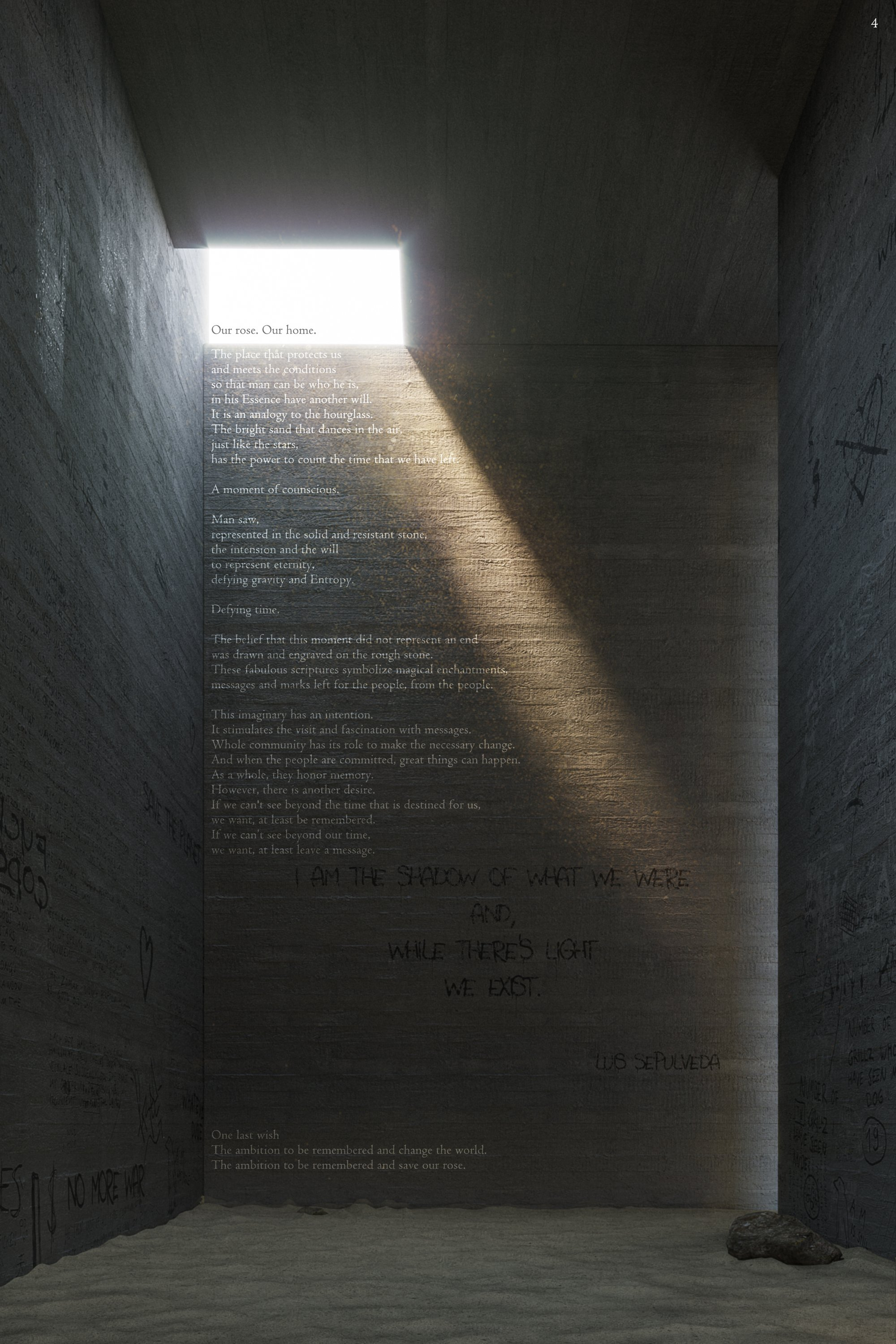 Light pierces the monolithic walls, revealing inscriptions as time, memory, and presence intersect.