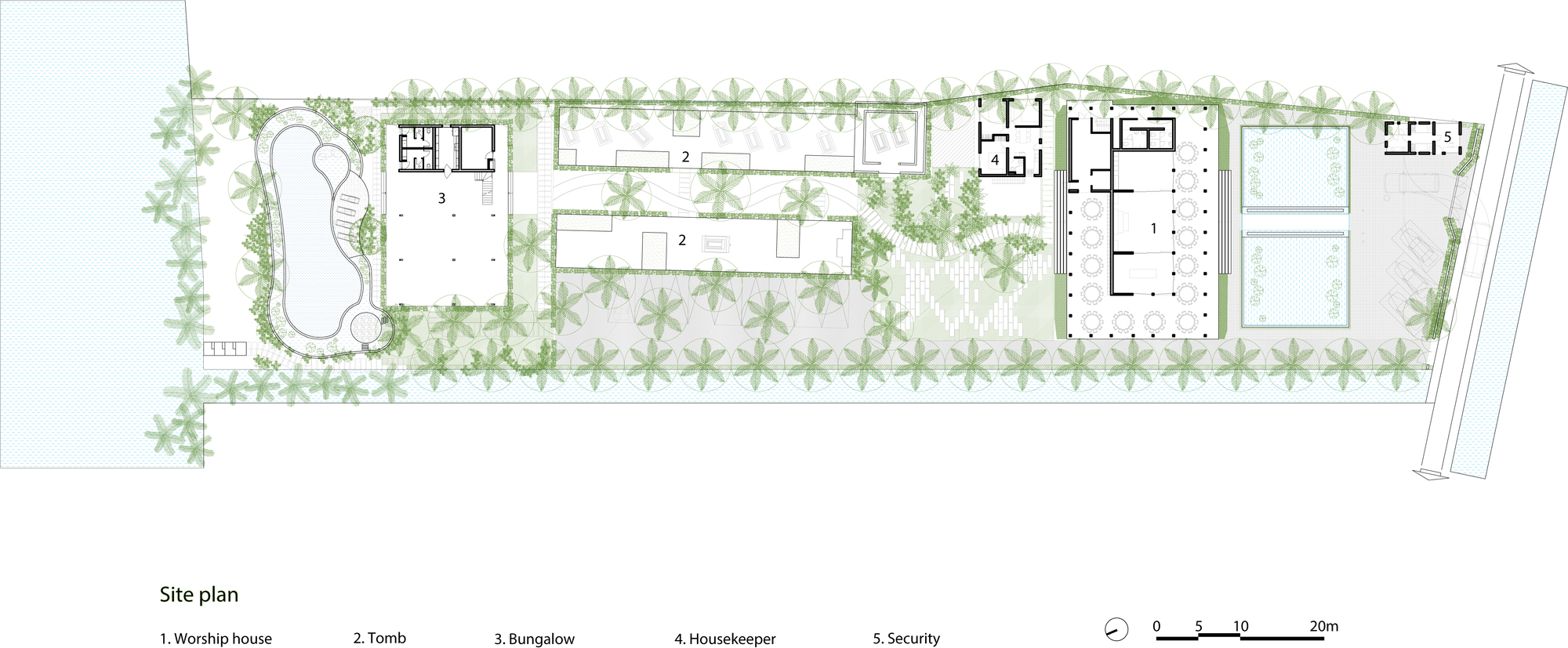 Site plan drawing showing worship house, tomb, bungalow, housekeeper and security buildings among landscaping