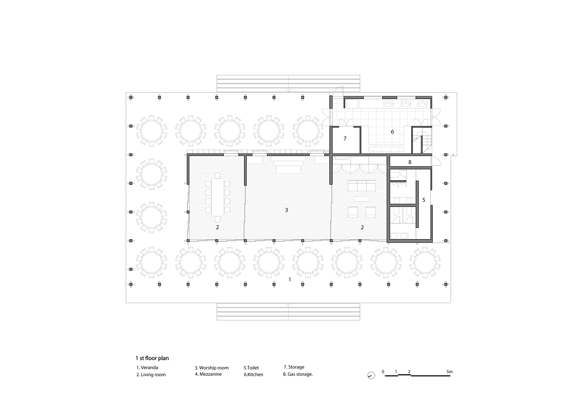 Floor plan drawing showing worship room and living spaces surrounded by a verandah with circular trees