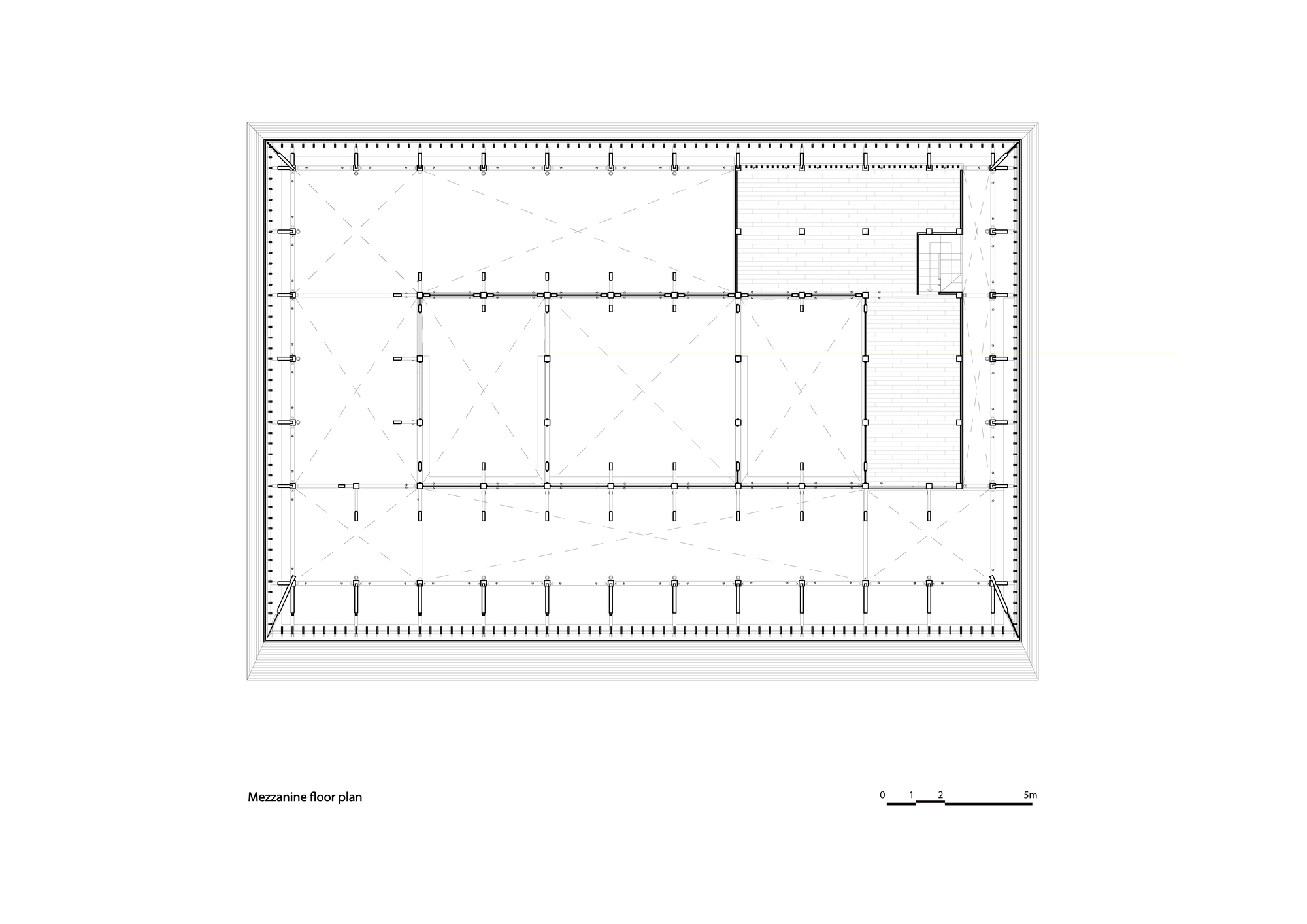 Floor plan drawing of mezzanine level with column grid and perimeter circulation zone