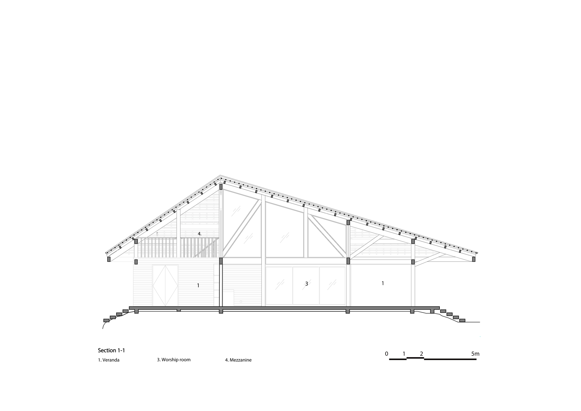 Section drawing revealing timber trusses supporting a pitched roof over verandah and worship room