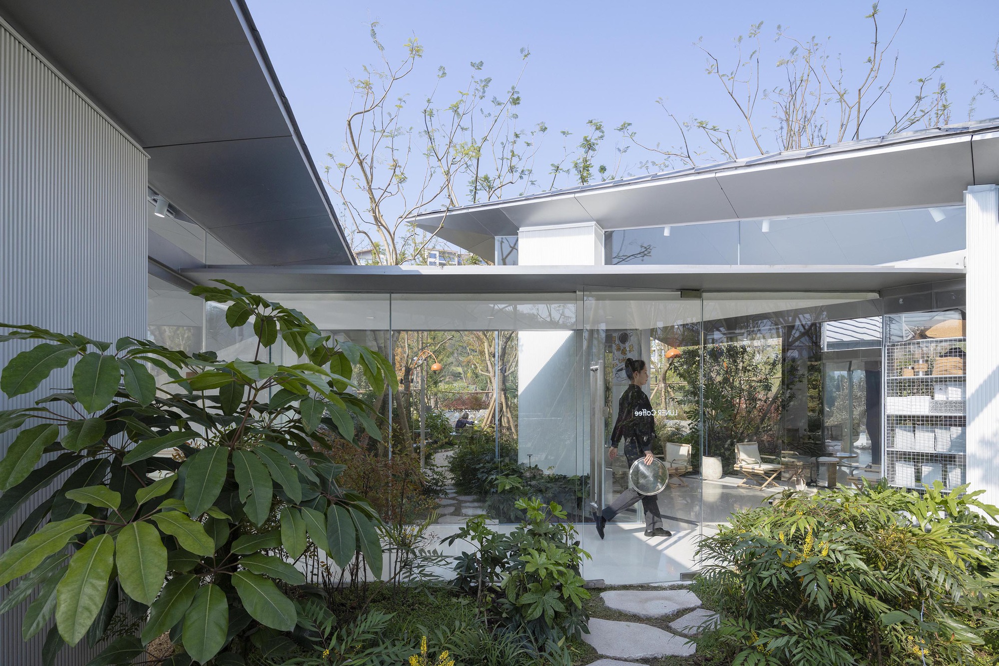 Glass-walled courtyard entrance with stepping stone path through planted beds and a resident walking with bicycle