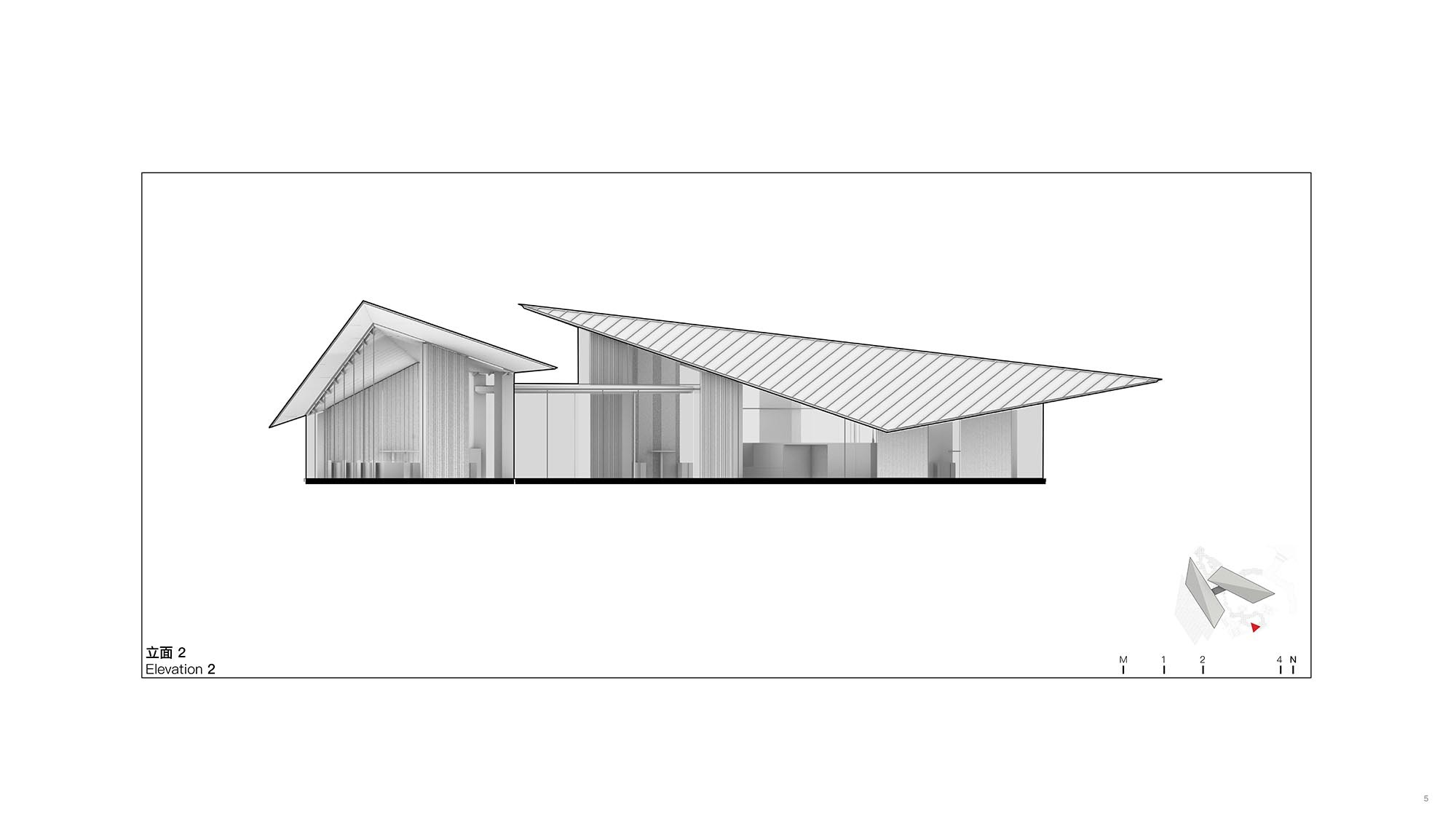 Elevation drawing showing gabled timber-clad volume connected to wing with angular overhanging roof