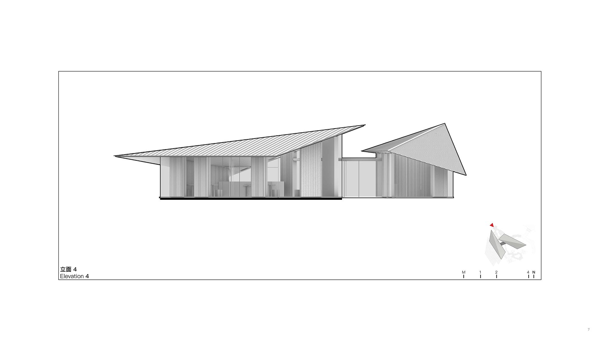 Elevation drawing presenting two intersecting volumes with pitched and planar roofs in contrasting orientations