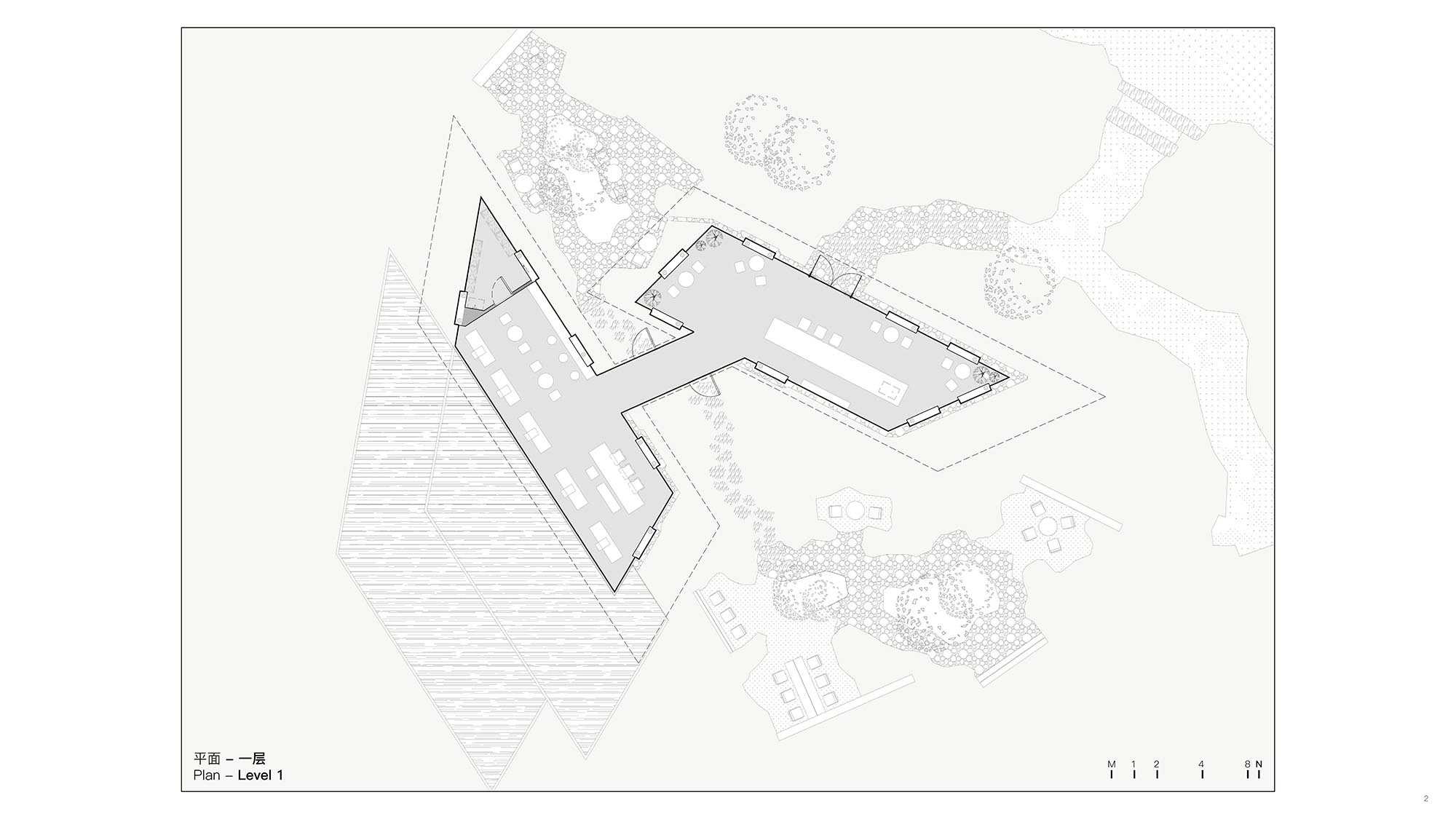 Site plan drawing showing angular building footprint with central courtyard adjacent to landscaped terraces
