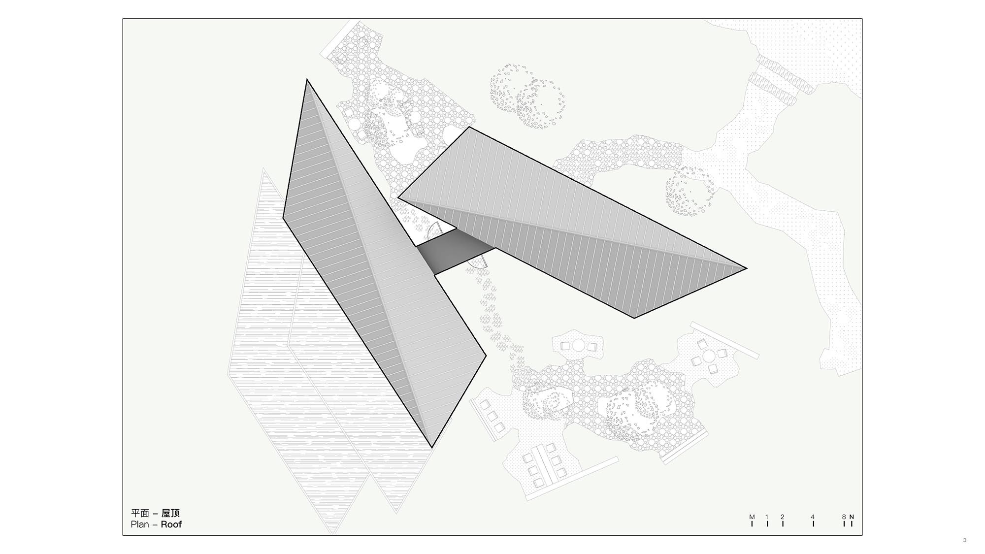 Roof plan drawing showing two angular folded planes hovering above a landscaped site with trees