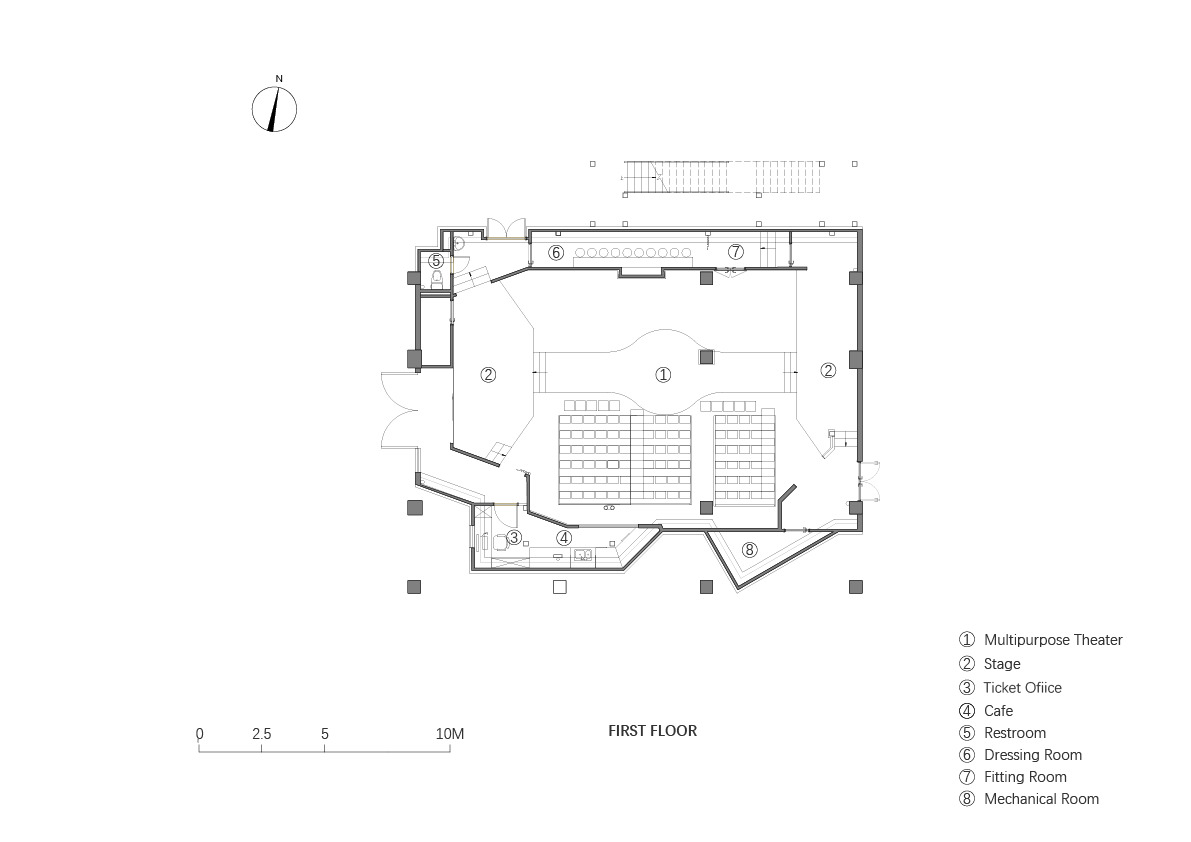 First floor plan drawing showing a multipurpose theater with seating rows and stage
