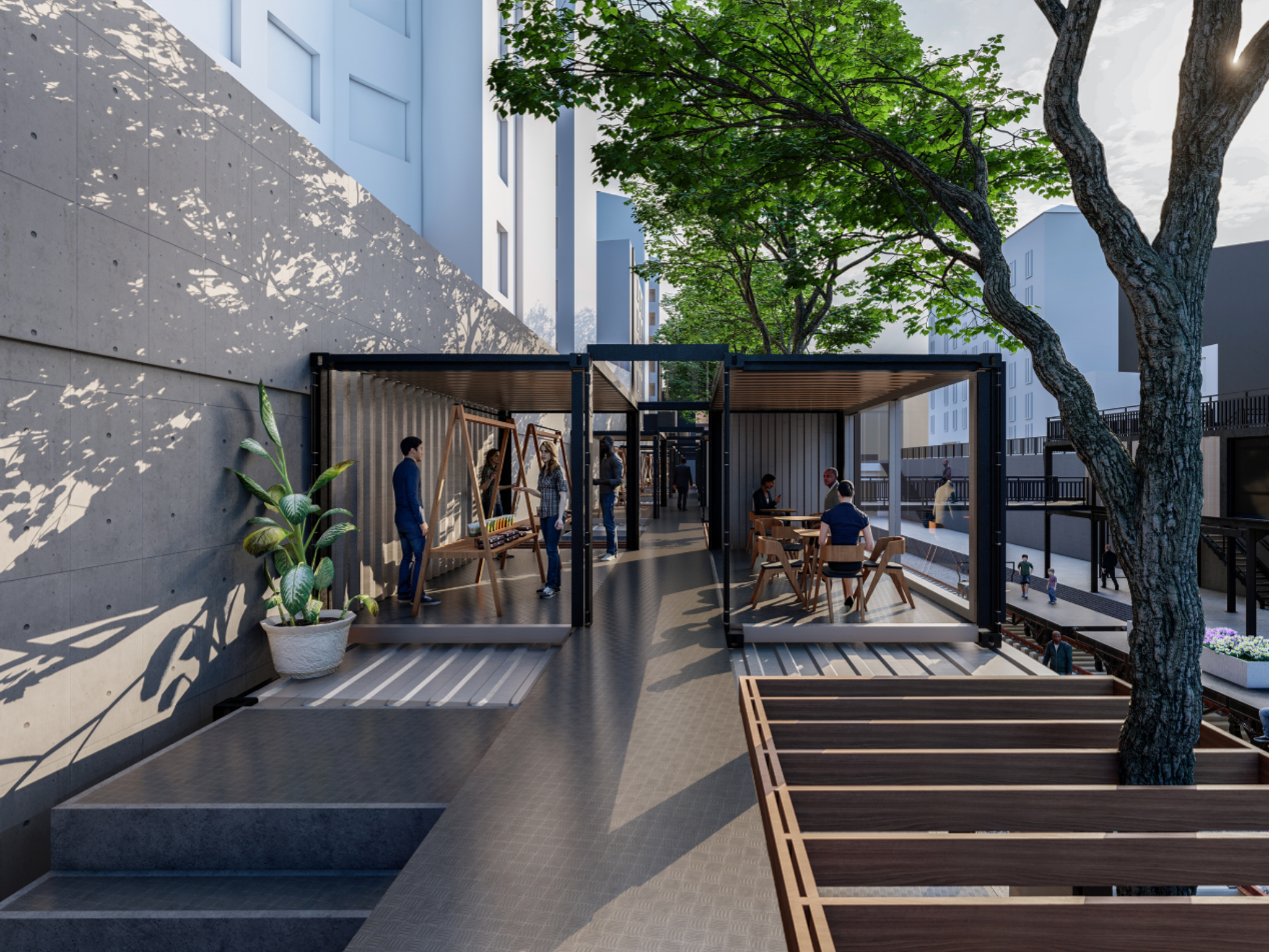 Adaptive reuse of shipping containers forms flexible social spaces for exhibitions, work, and everyday interaction.