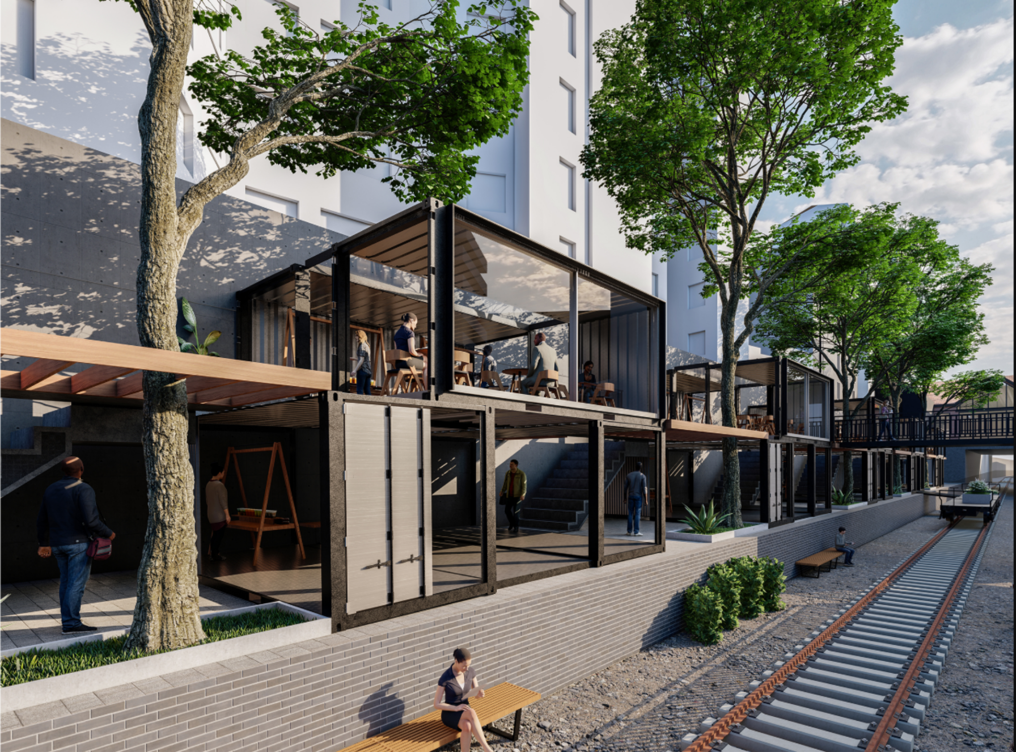 Elevated modules and bridges stitch both sides of the site, enabling continuous movement and visual connectivity.