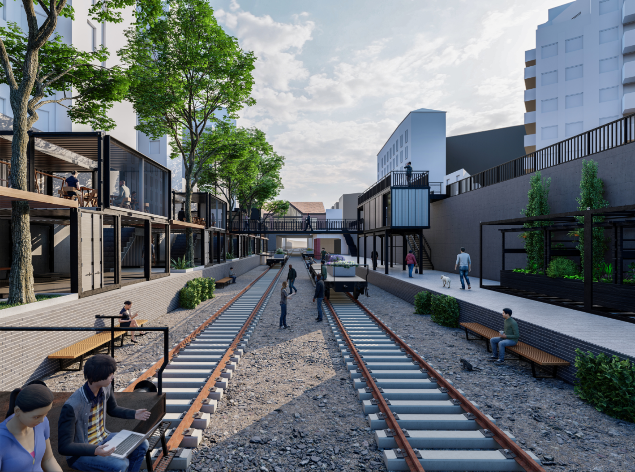 The railway becomes a public spine, blending mobility infrastructure with leisure, markets, and community life.