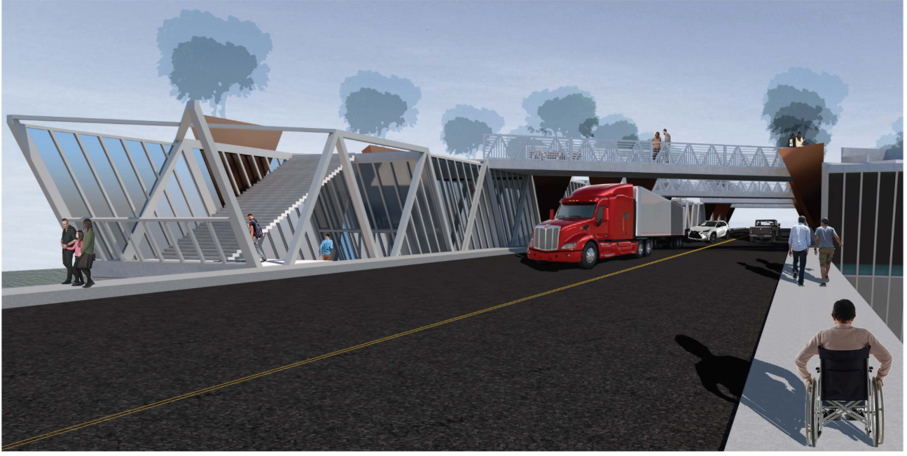 Street-level integration of the modular bridge structure, balancing vehicular movement with pedestrian access and spatial transition.