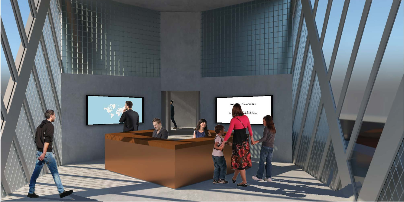 Reception area facilitating orientation, support services, and first points of contact for arriving asylum seekers.