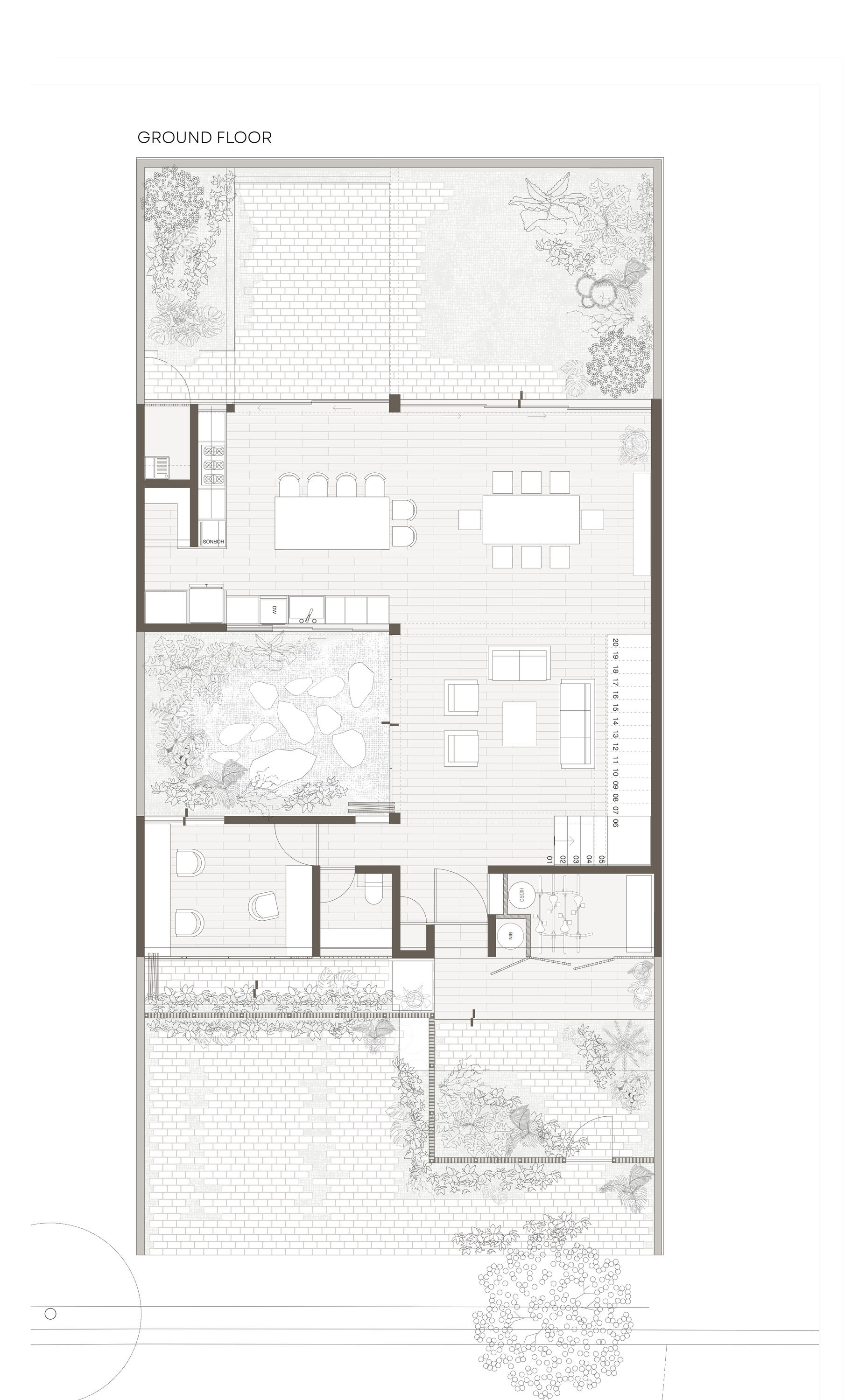 Ground floor plan showing open living area flanked by courtyards with planted gardens