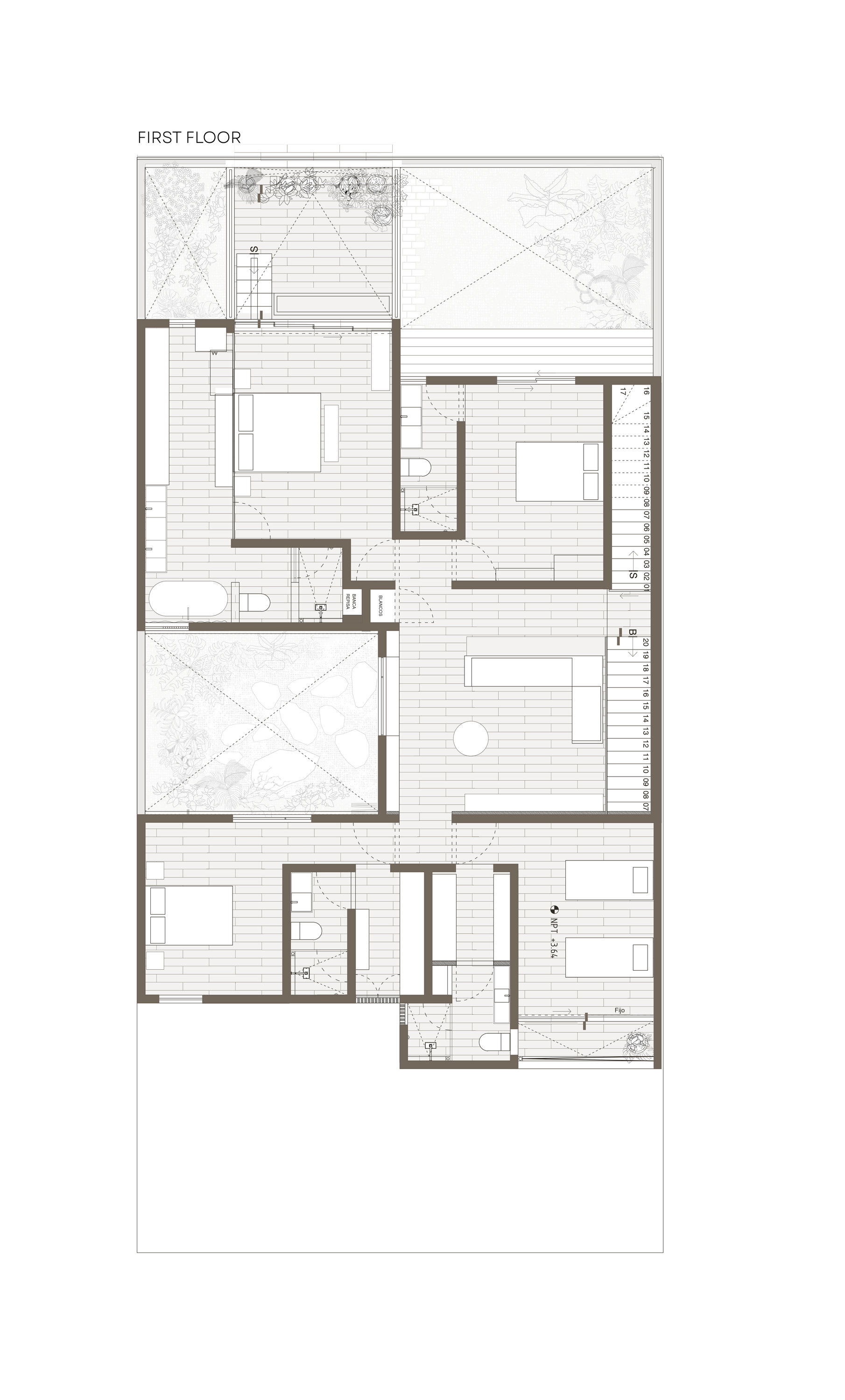 First floor plan showing bedroom suites arranged around central circulation and outdoor terraces