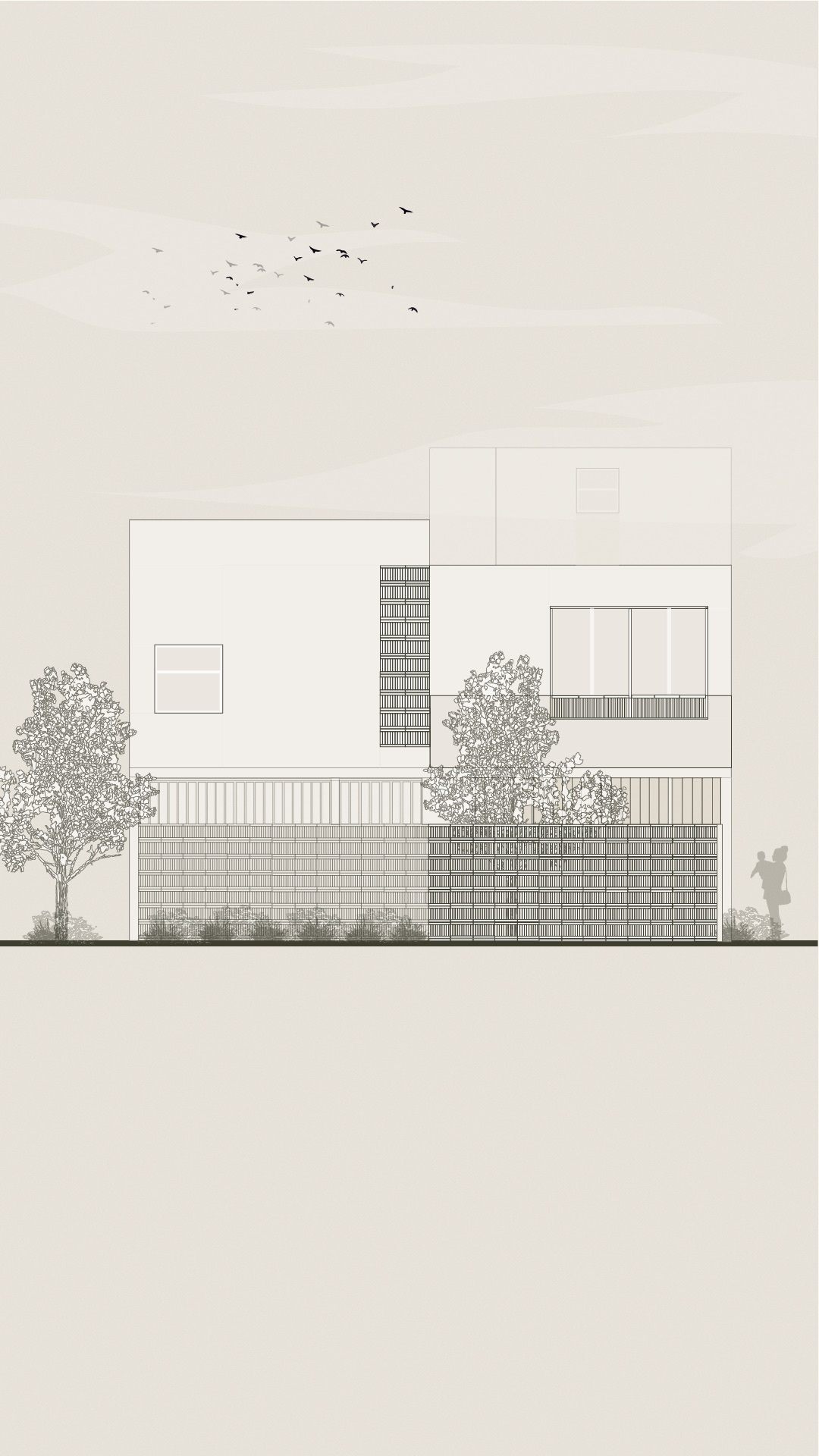 Elevation drawing showing stacked volumes with varied brick cladding and a flock of birds overhead