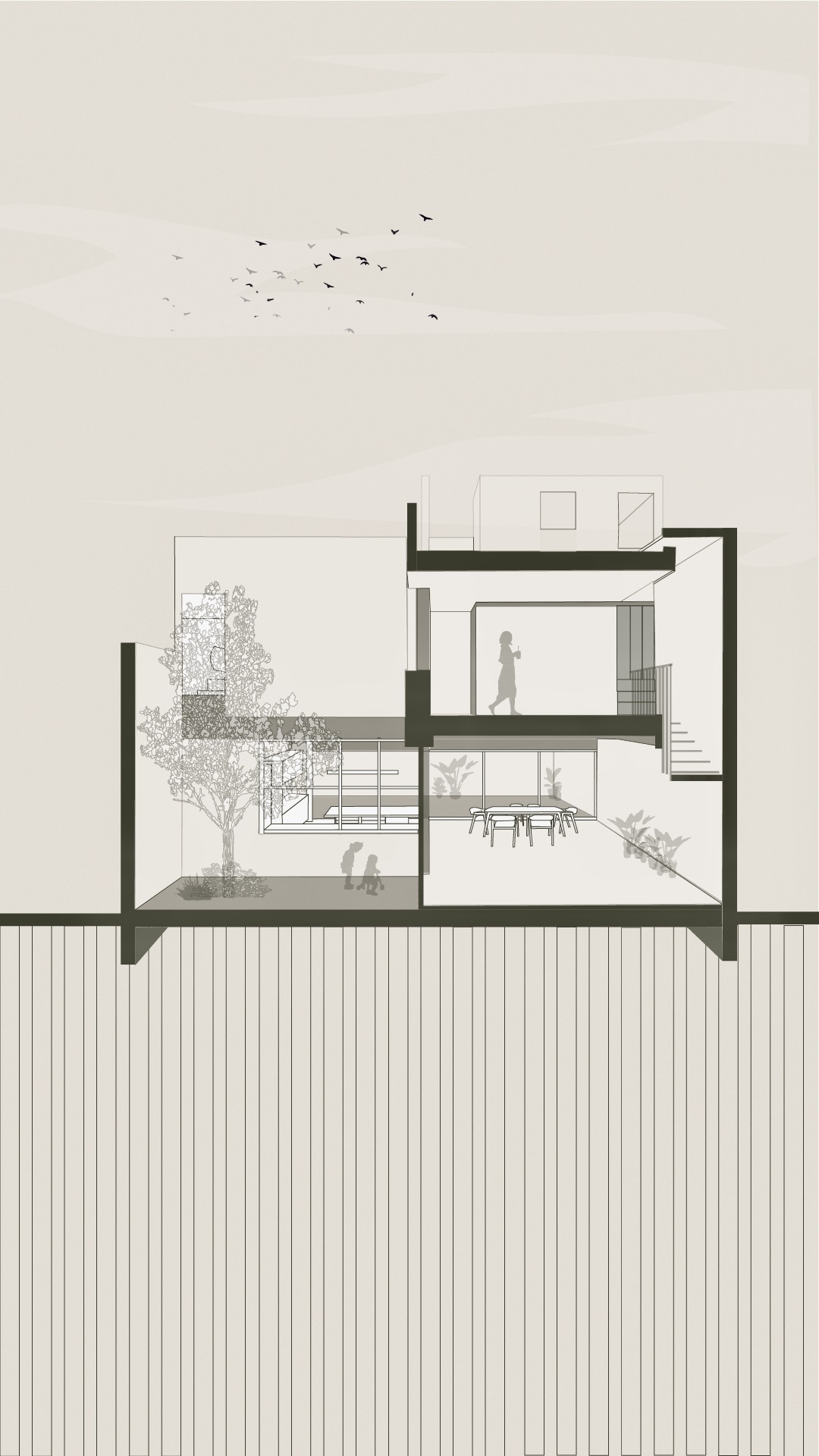 Section drawing showing split-level interior spaces with figures, trees, and flying birds overhead
