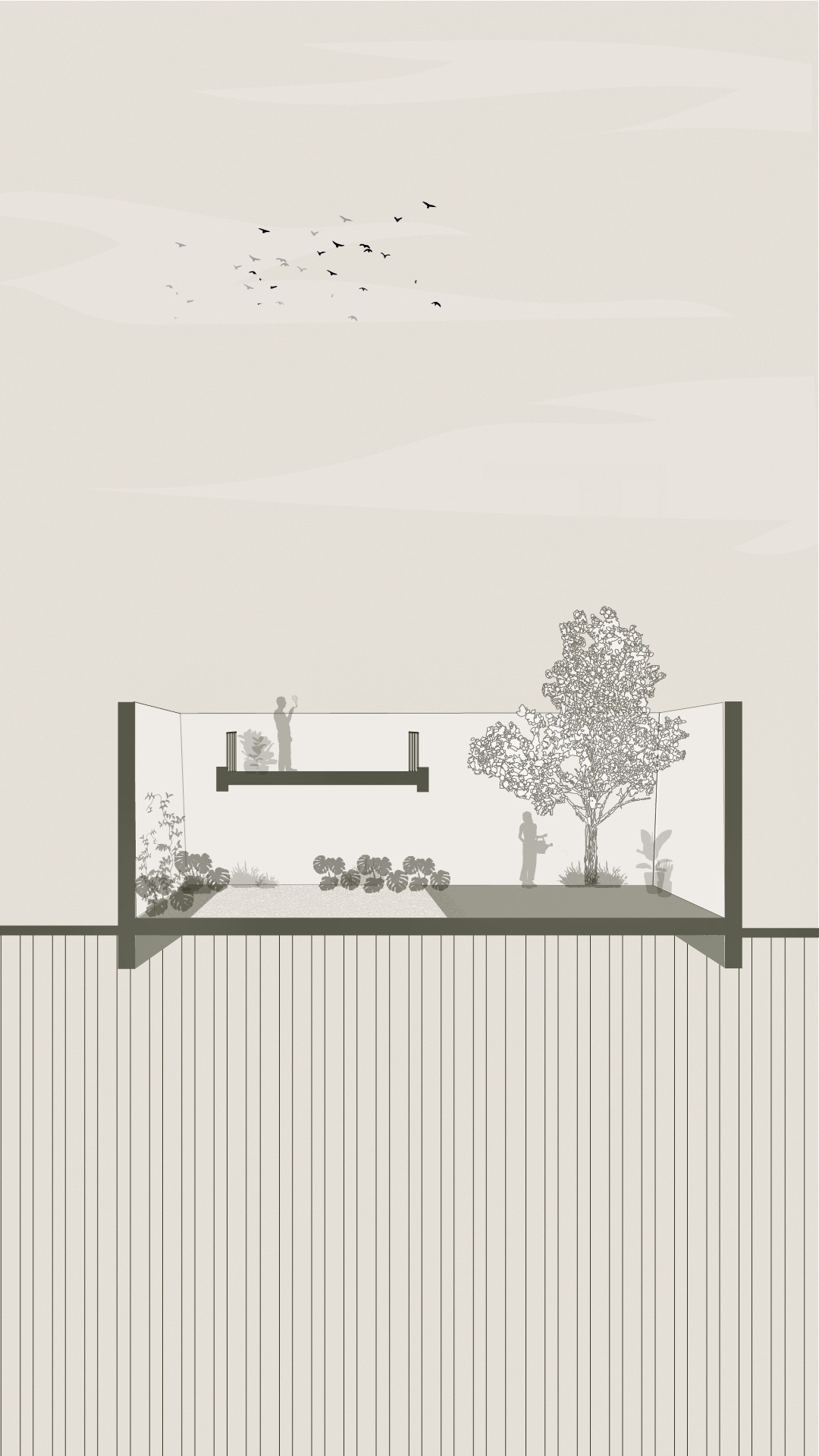 Section drawing showing single-story volume with planted terrace, trees, and birds in the sky