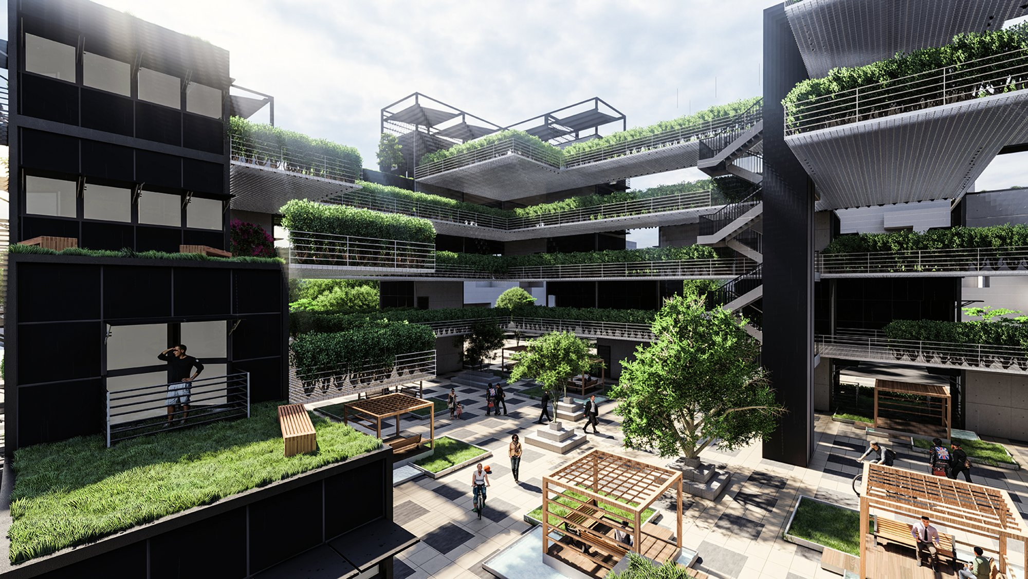 Layered modular terraces create a vibrant courtyard, blending circulation, greenery, and social interaction into a cohesive living ecosystem.