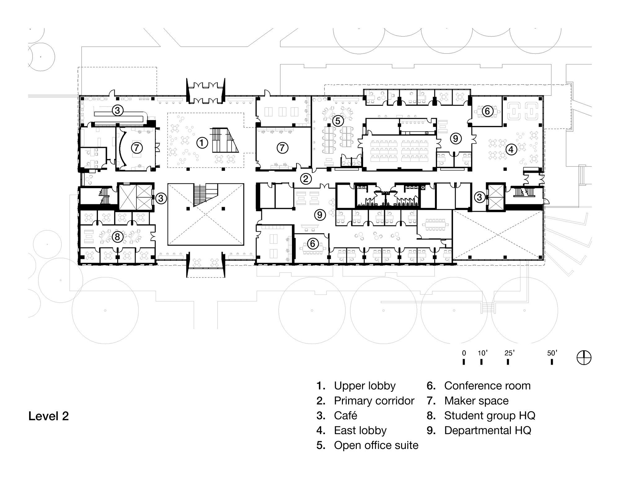 Floor plan drawing showing the second level with cafe, open office suite, and student spaces