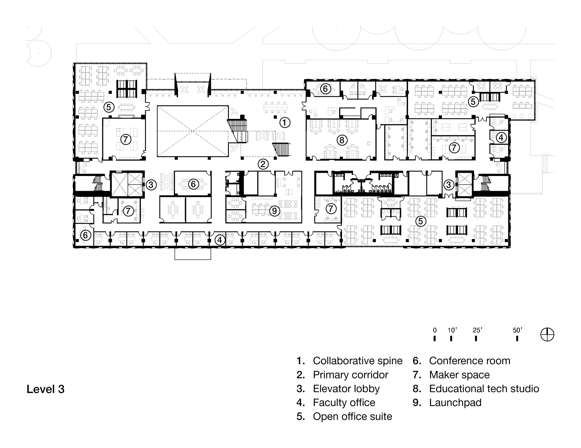 Floor plan drawing showing the third level with collaborative spine, faculty offices, and educational studios
