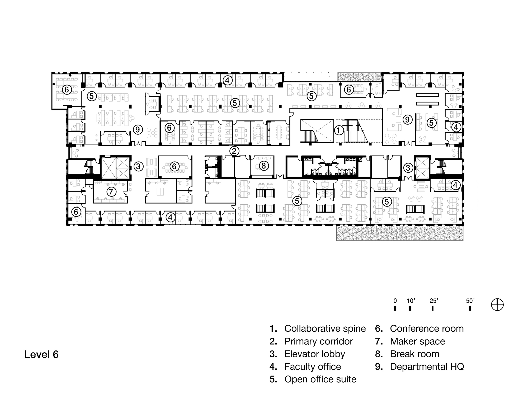 Floor plan drawing showing office suites, conference rooms, and elevator lobbies arranged along a primary corridor