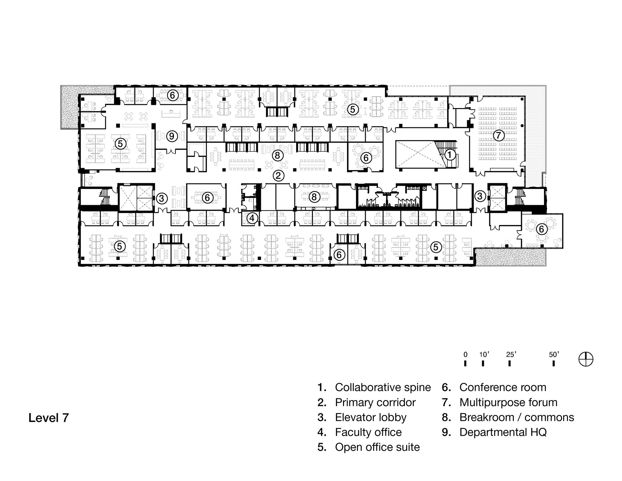 Floor plan drawing showing open office areas with workstations, staircases, and multipurpose forum spaces