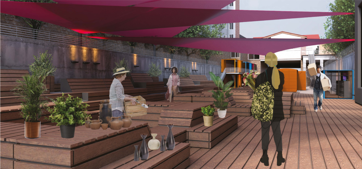 Modular wooden seating transforms into flexible market platforms under a lightweight tensile canopy.