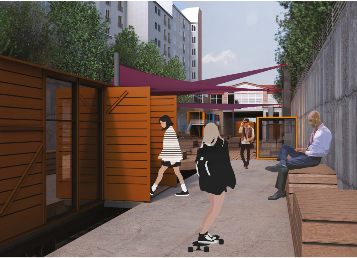 Repurposed container shops create an interactive edge, supporting small businesses and pedestrian movement.