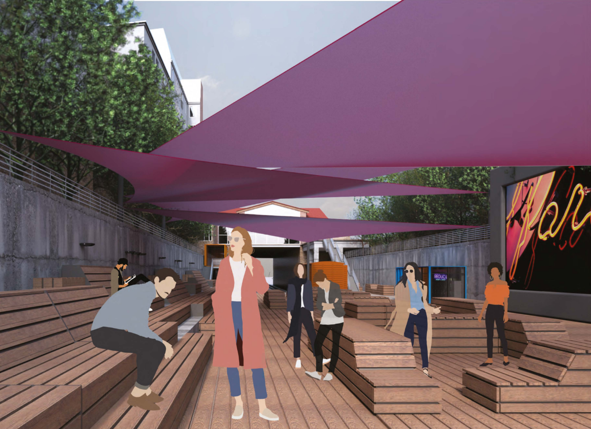 Layered seating and open circulation encourage social interaction within a shaded, adaptable public space.