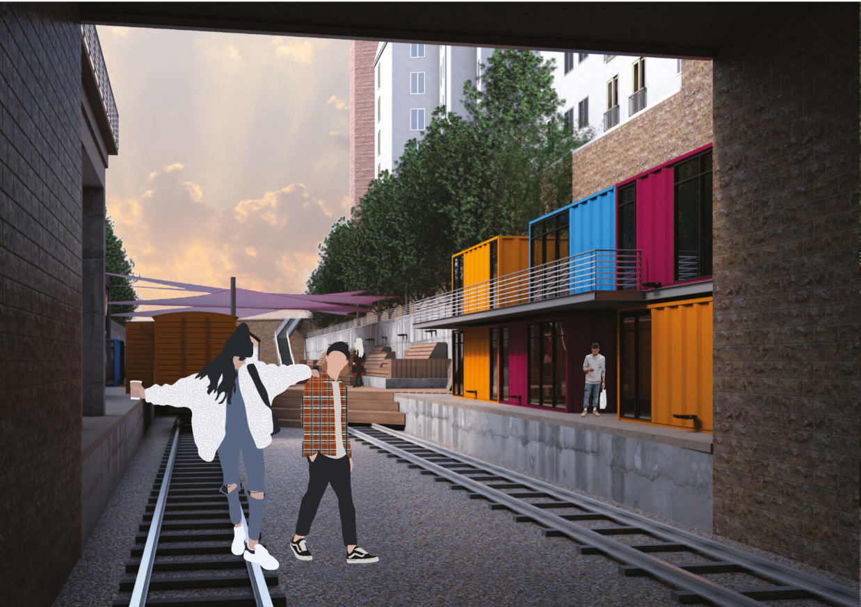 Railway corridor reimagined with colorful container units, blending adaptive reuse with urban regeneration.