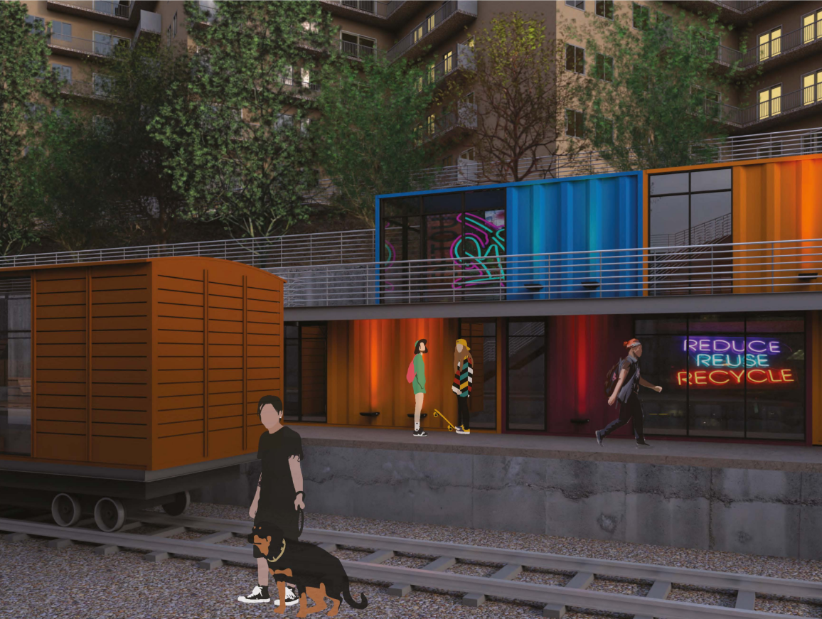 Mixed-use container hub promotes circular economy practices with retail, repair, and community engagement.