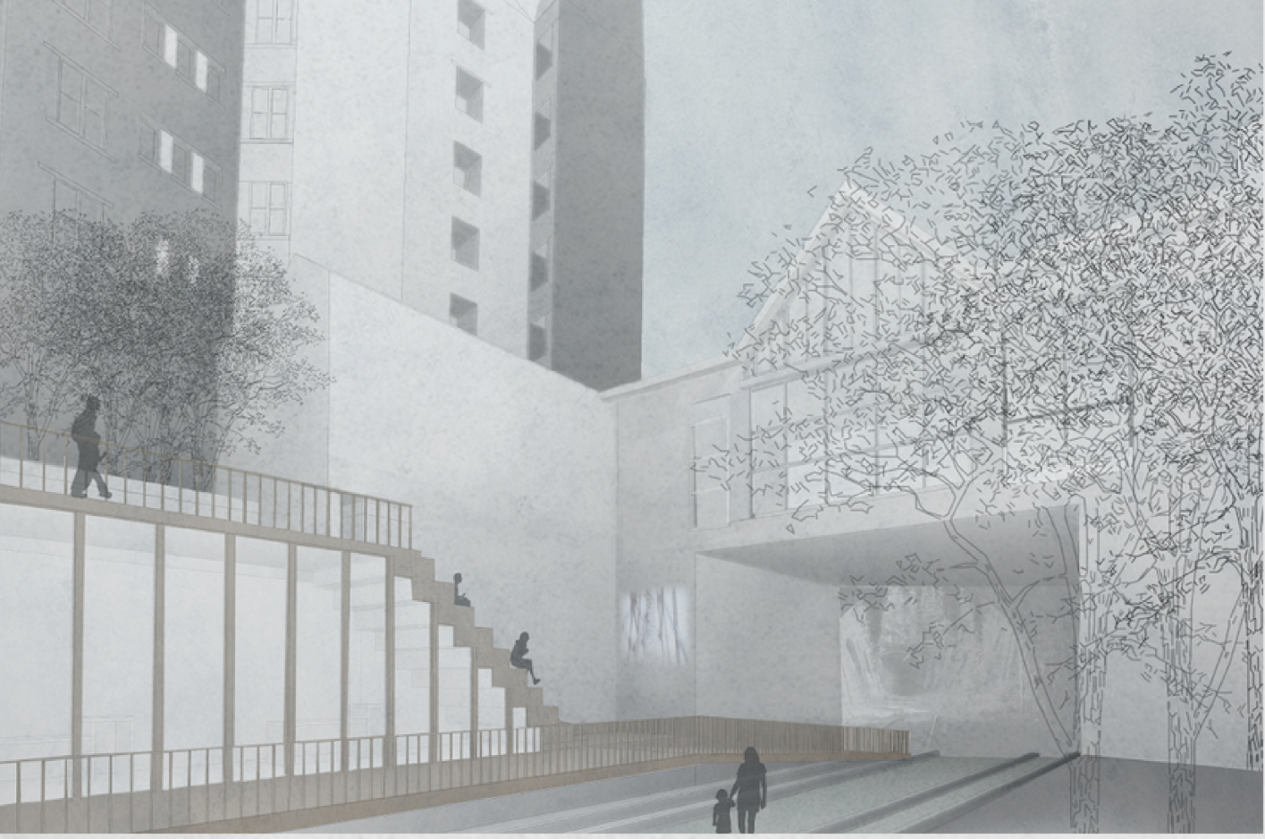 Sectional interplay of stairs, platforms, and landscape enables flexible public use within a constrained urban void.