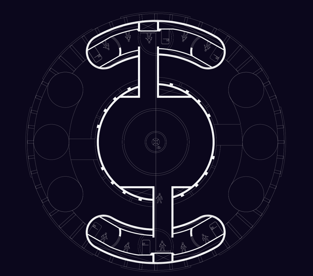 Radial space habitat plan integrating artificial gravity rings with a central core for circulation, research, and modular living systems.