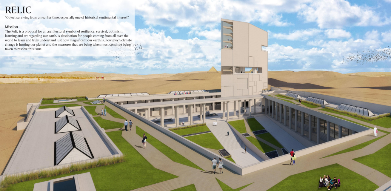 Monumental desert complex framing a sustainable architecture vision rooted in history and climate awareness.