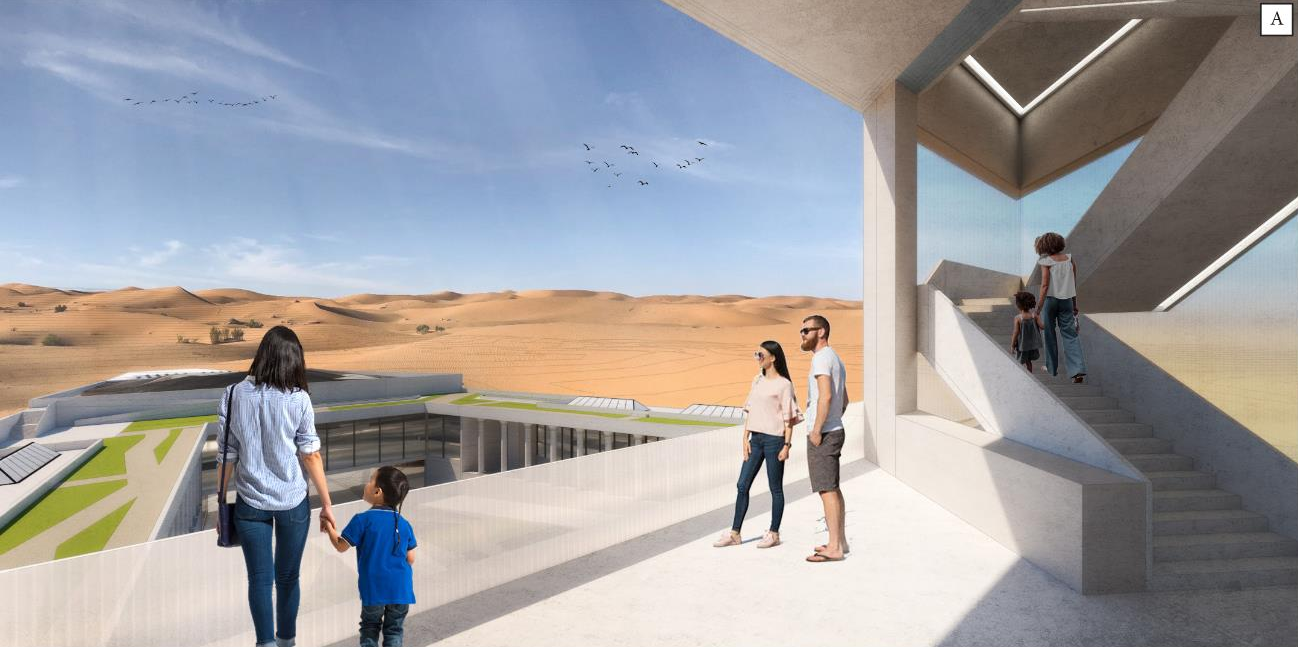 Elevated viewing platform connecting visitors to the vast desert landscape and historic pyramids.