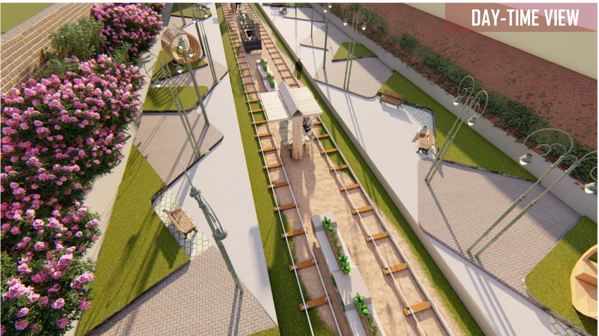 Aerial view reveals adaptive urban design layering programs along historic tracks.