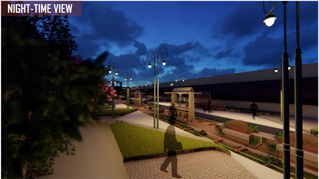 Night lighting enhances safety while transforming the space into an atmospheric social spine.