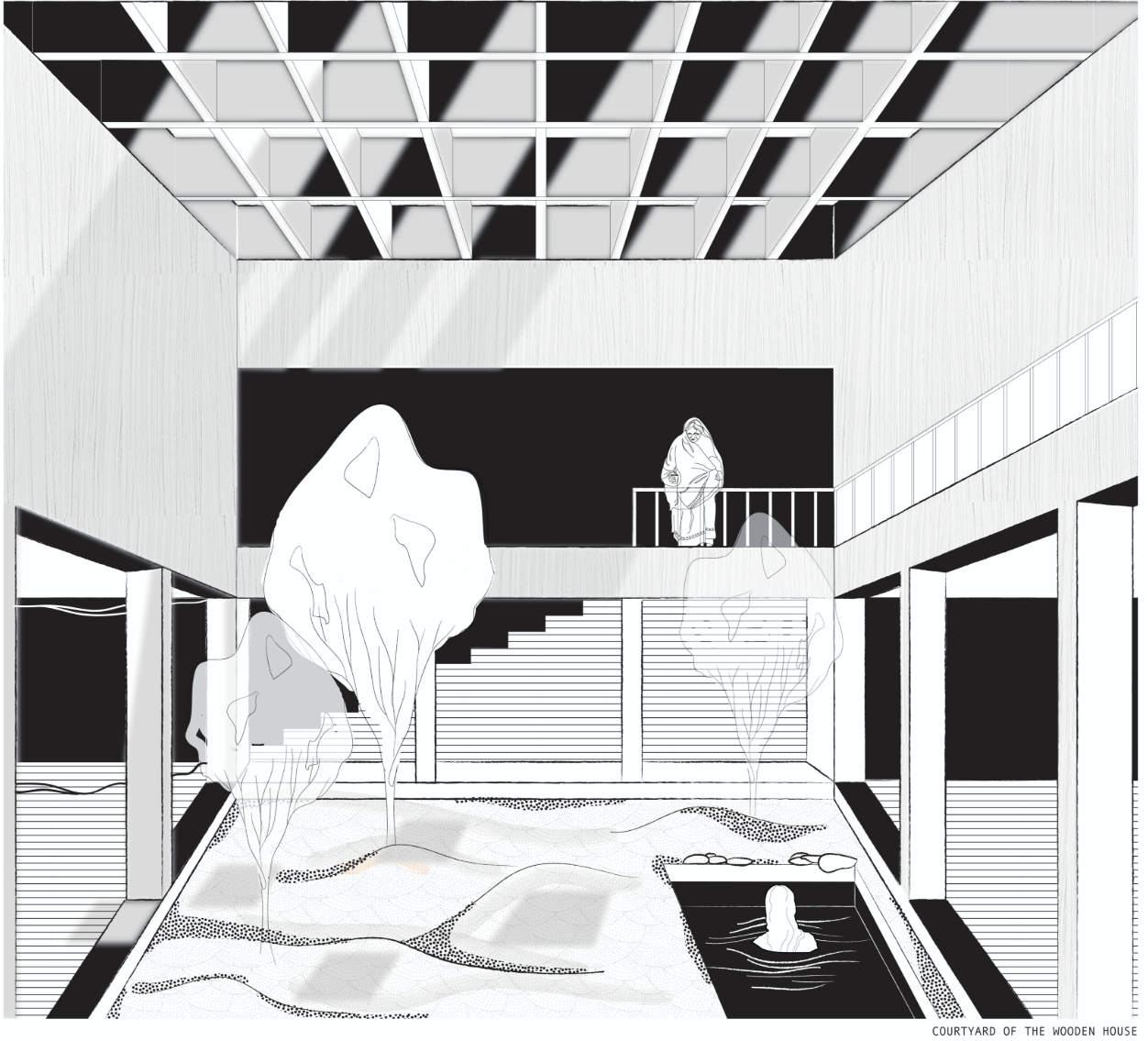Courtyard interior dissolves boundaries between dwelling and forest through light, water, and layered spatial depth.