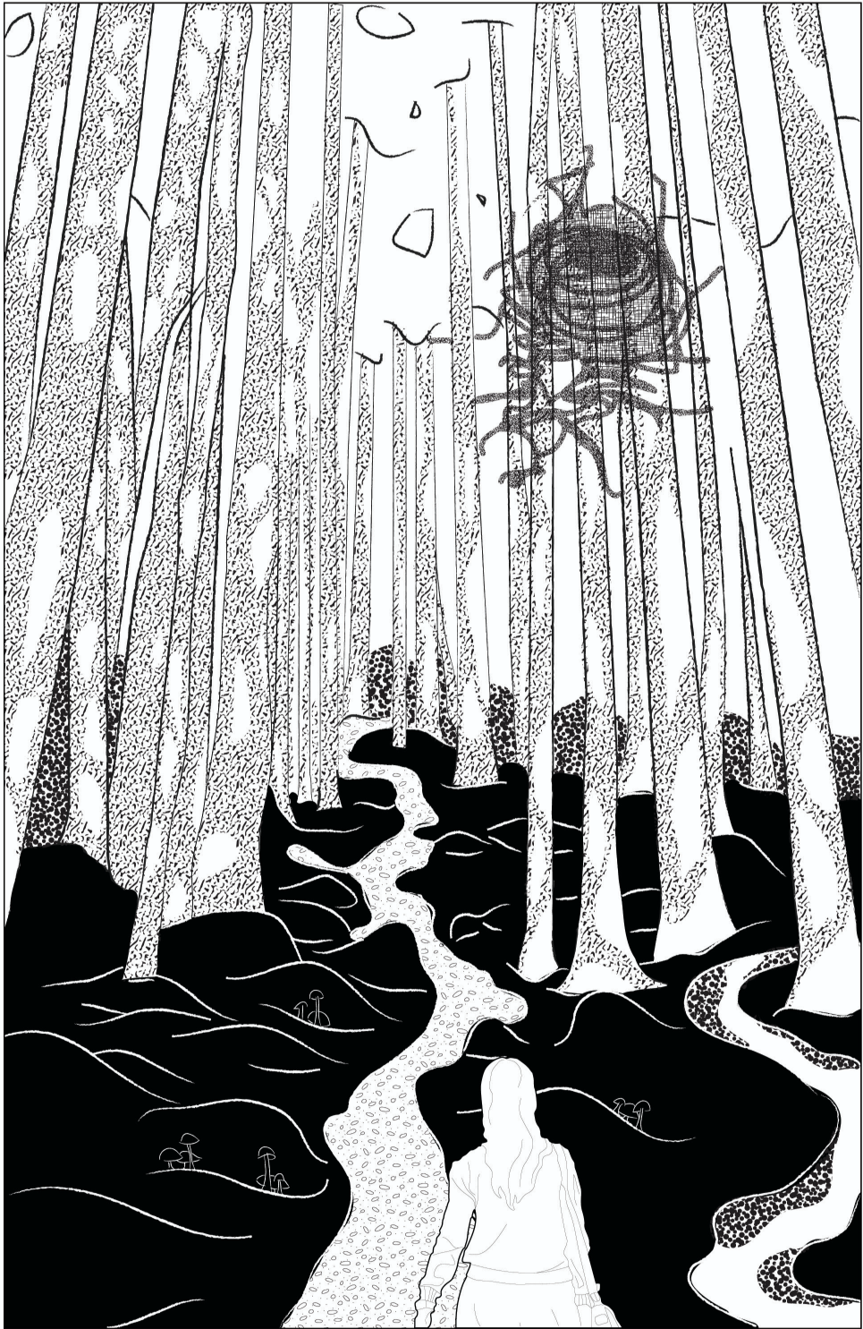 Dense forest path evokes uncertainty and discovery, guiding the user through a tactile and immersive spatial sequence.