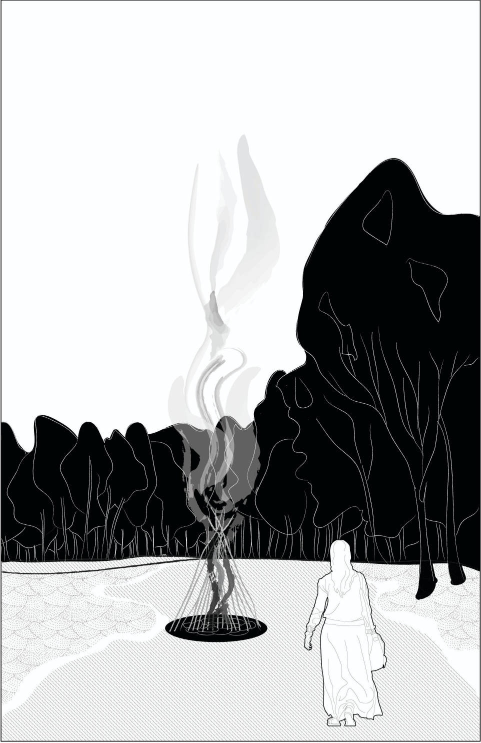 Clearing with a central hearth, where fire becomes a focal point of gathering, warmth, and transition within the forest journey.