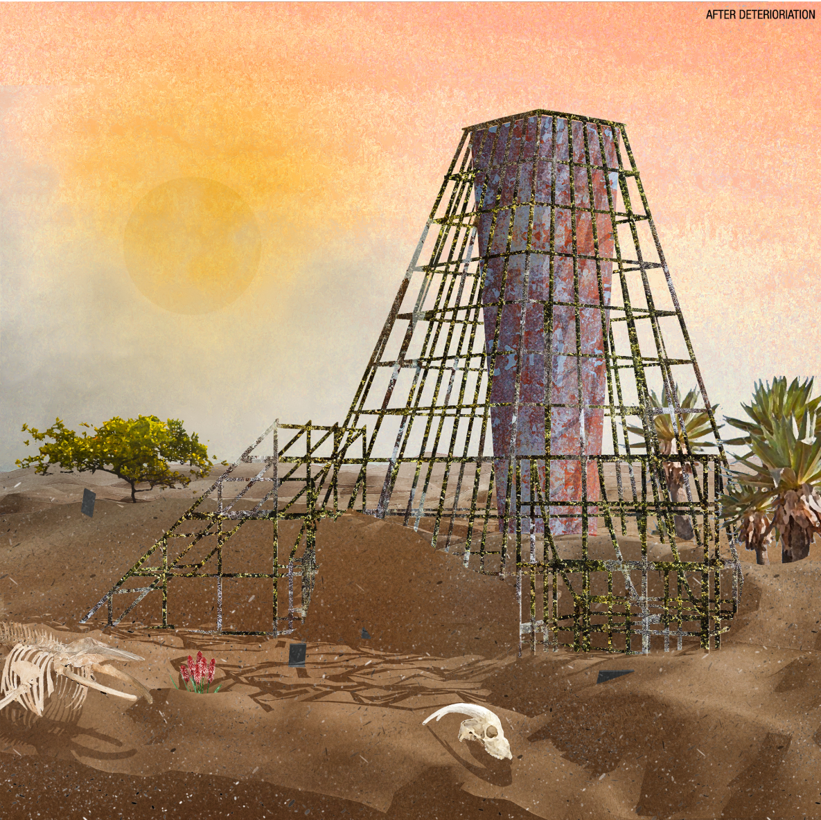 The monument dissolves into a skeletal framework, merging with the landscape as ecology overtakes architecture.