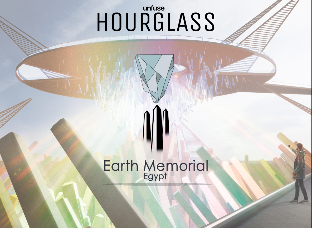 Hourglass climate change memorial visualizing global warming through light, glass, and spatial form