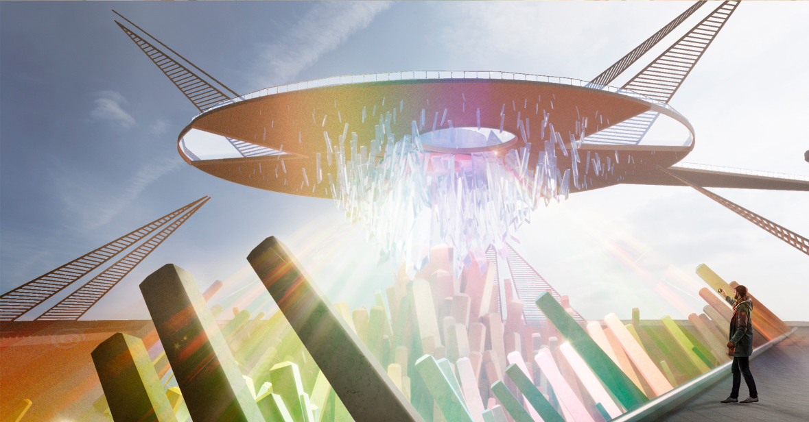 Immersive installation combining glass structures and earth elements to express climate crisis