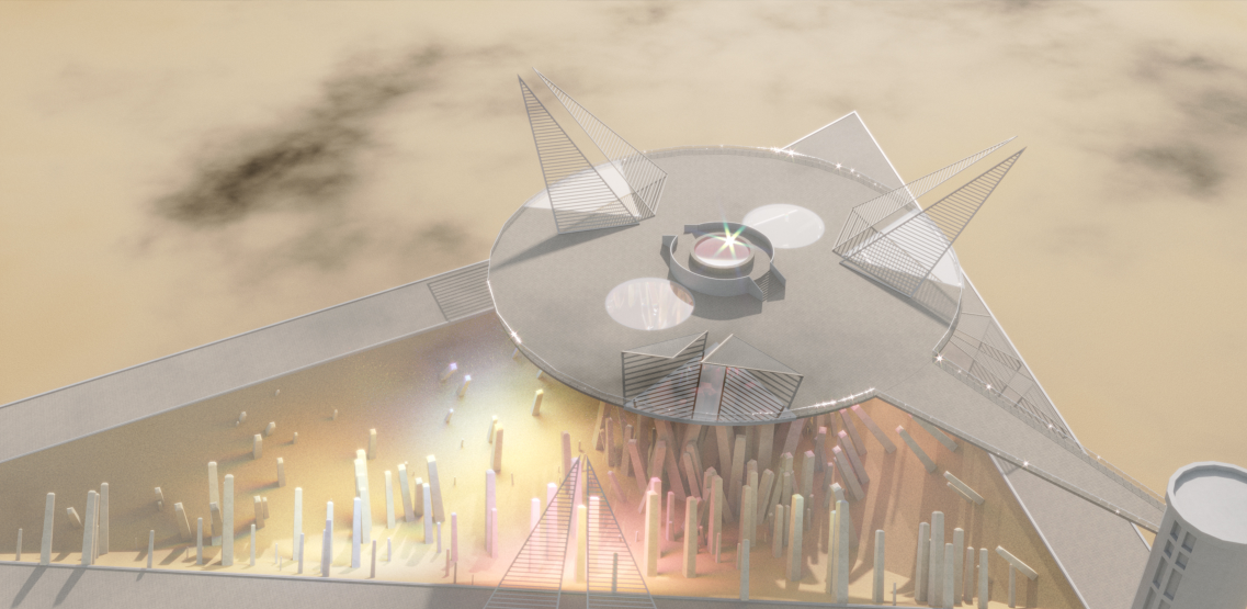 Circular observation platform and lens system forming the core of this climate change memorial design