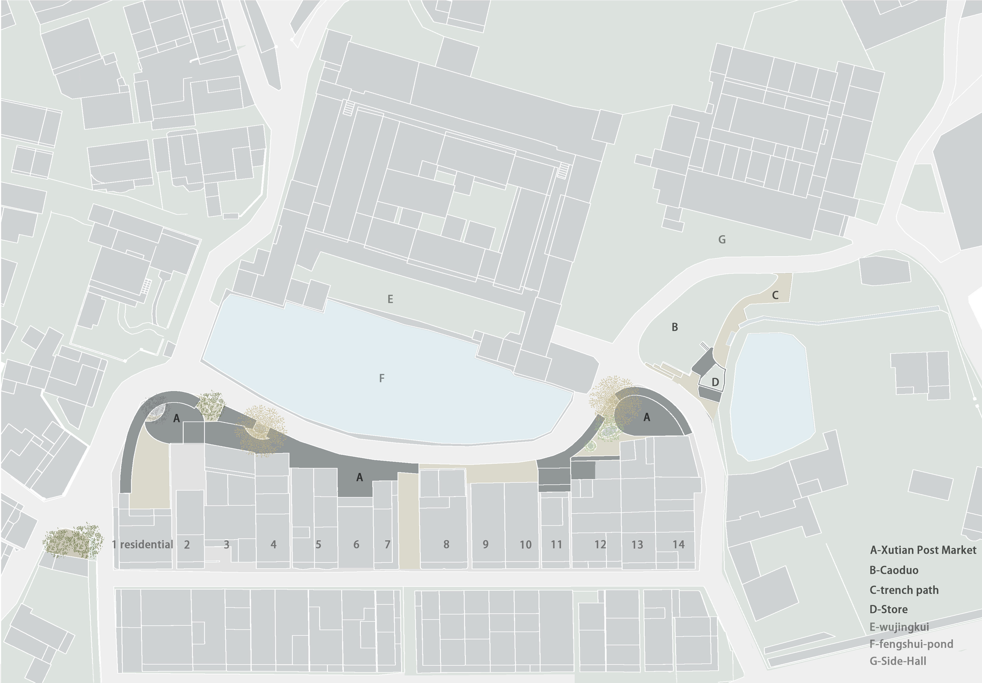 Site plan showing a curved building anchoring residential blocks and a pond at the urban edge