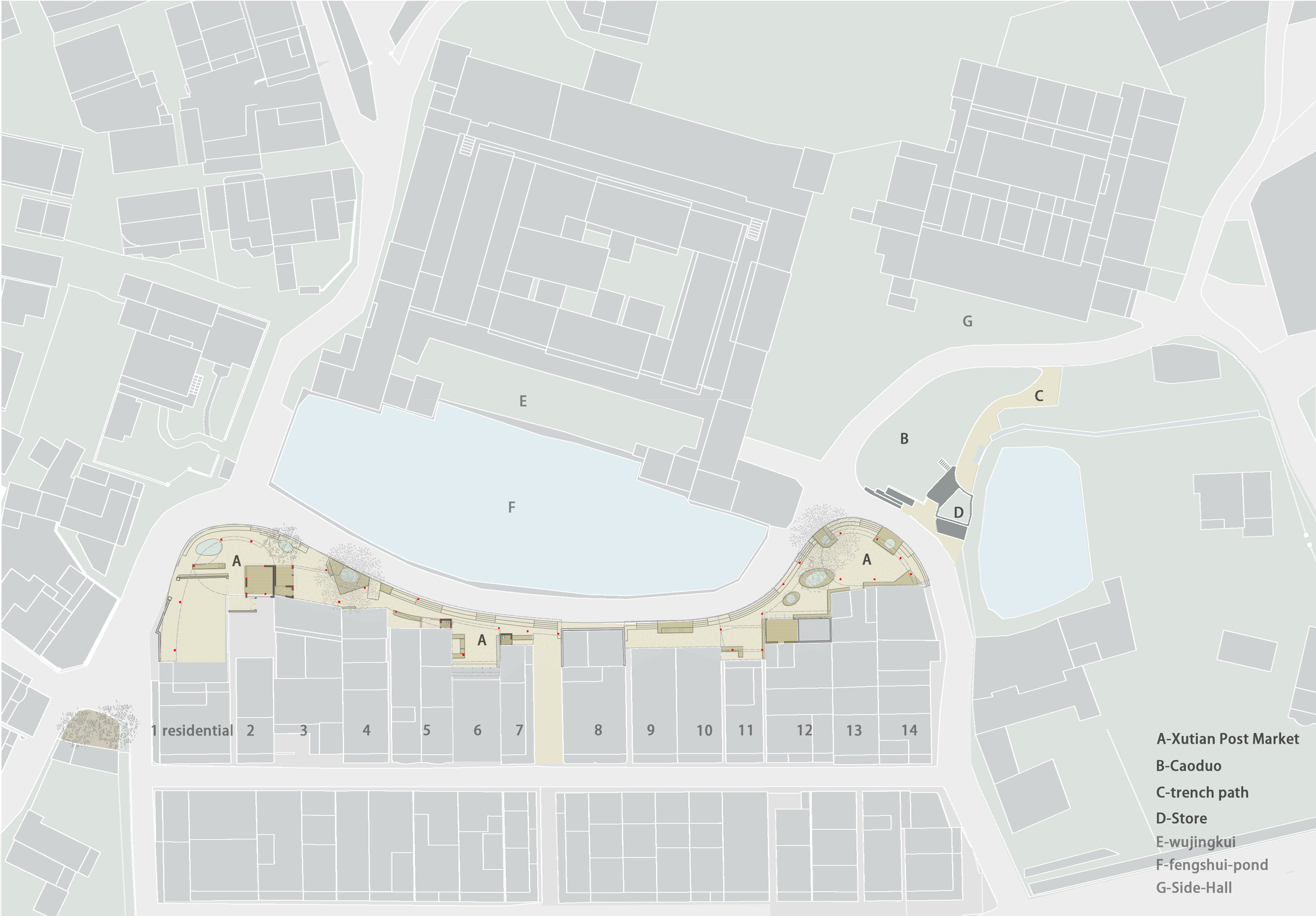Floor plan highlighting the ground level with market hall and trench path winding through residential units