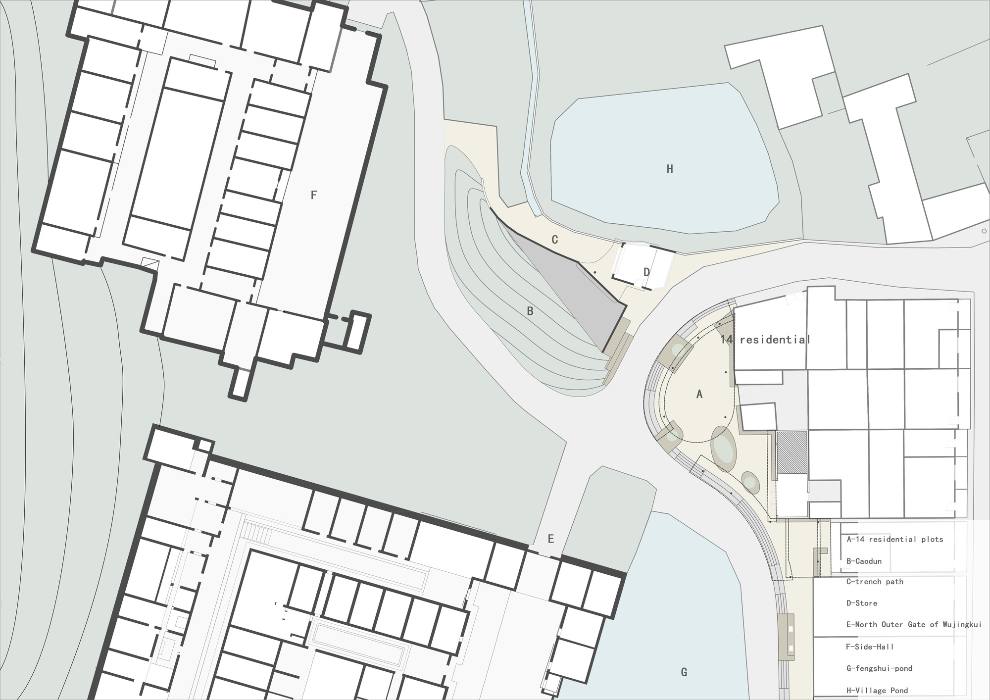 Site plan drawing of the curved market building alongside linear residential blocks and a pond