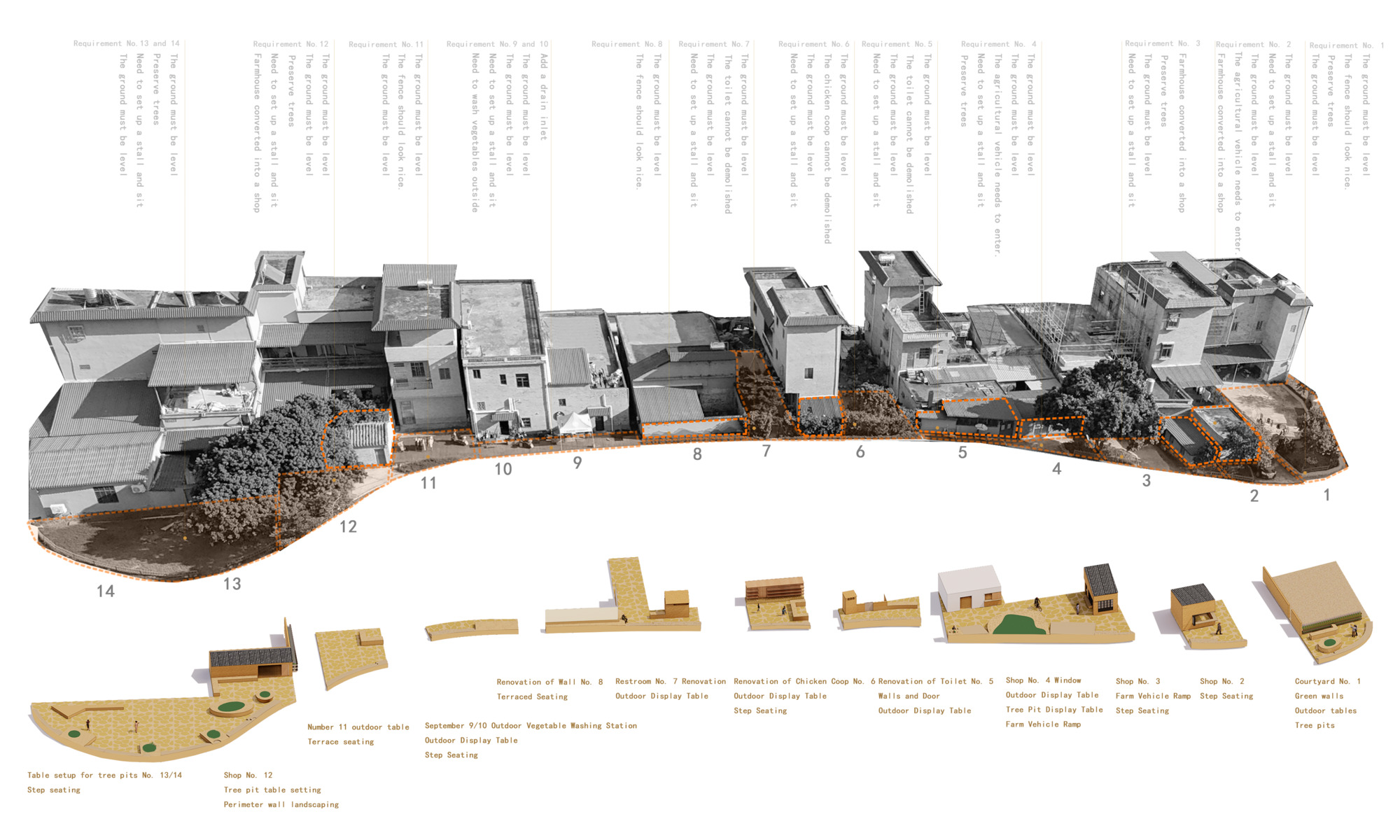 Exploded axonometric showing physical model of housing blocks above corresponding floor plan diagrams with annotations
